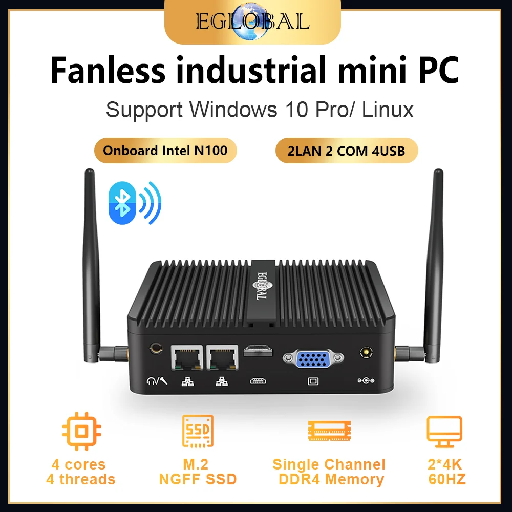 EGlobal Fanless Mini PC Intel Celeron N4100 2x COM RS232 Dual LAN 3x Storage M-SATA M.2 SATA  Industrial Computer