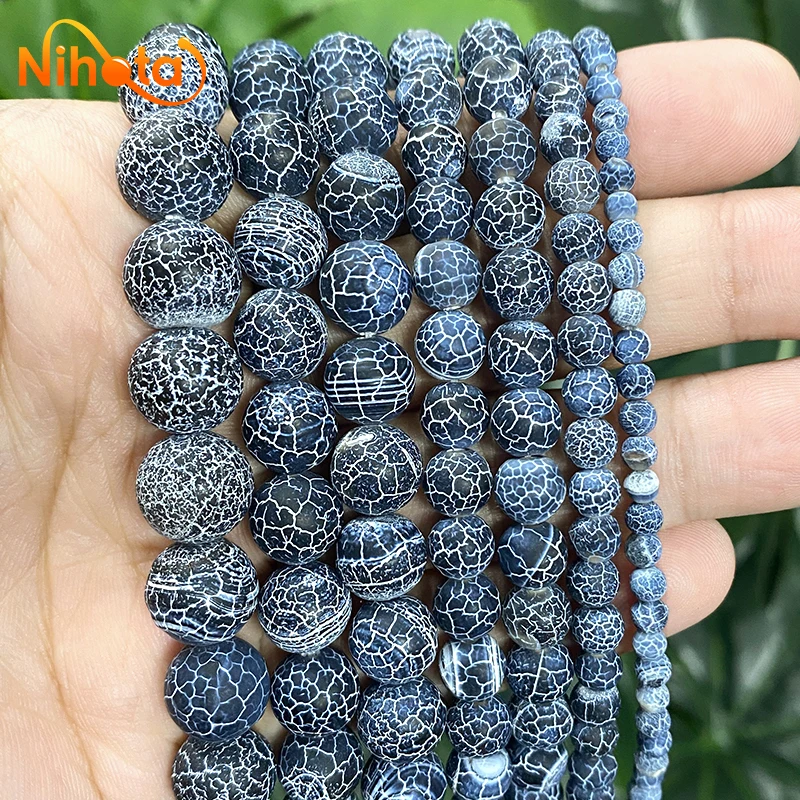 Frost Crab Natural Black Dragon Veins Ágatas Contas Redondas 4/6/8/10/12/14MM Diy Brincos Acessórios Jóias Fazendo 15 "Strand