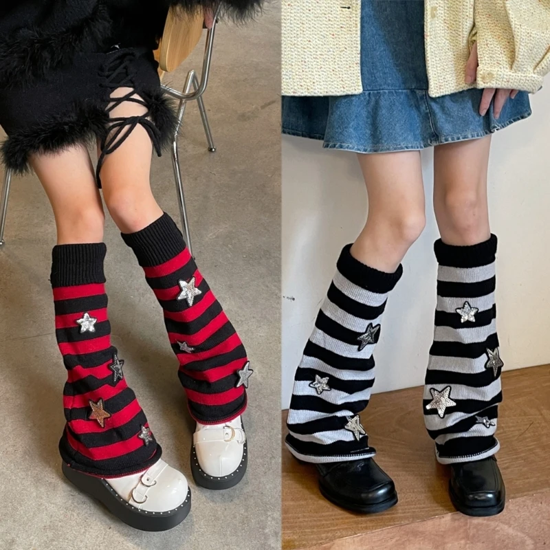 

Womens Star Striped Leg Warmers-Lolita Boot Stockings 80s Party Dance Legwarmers Japanese Style Flared Leg Sleeves