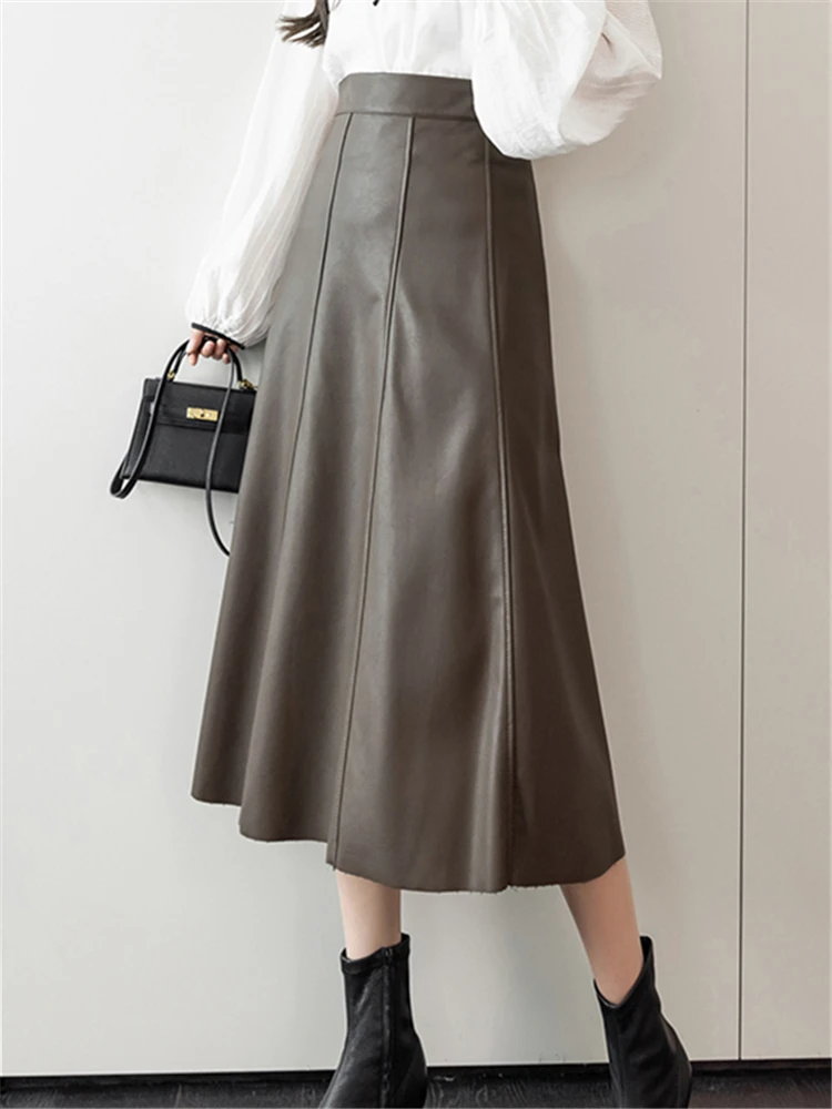 Seoulish Black Faux PU Leather Women\'s A-Line Skirts 2023 New Autumn Winter High Wasit Solid Chic Umbrella Office Skirts Female