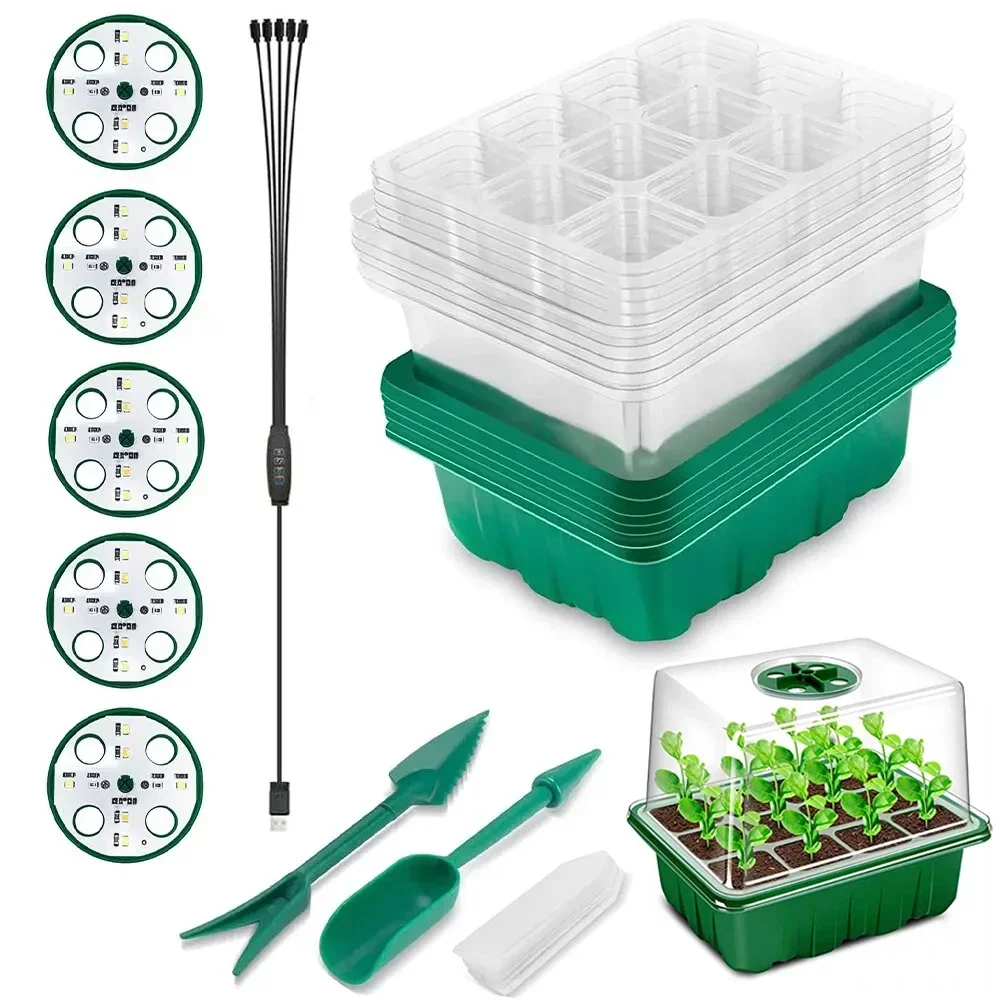 LED Nursery Pots With 8Led Grow Light Plant Seed Starter Trays Home Greenhouse Growing Lamp Timer Kit Controller with 12 Hole