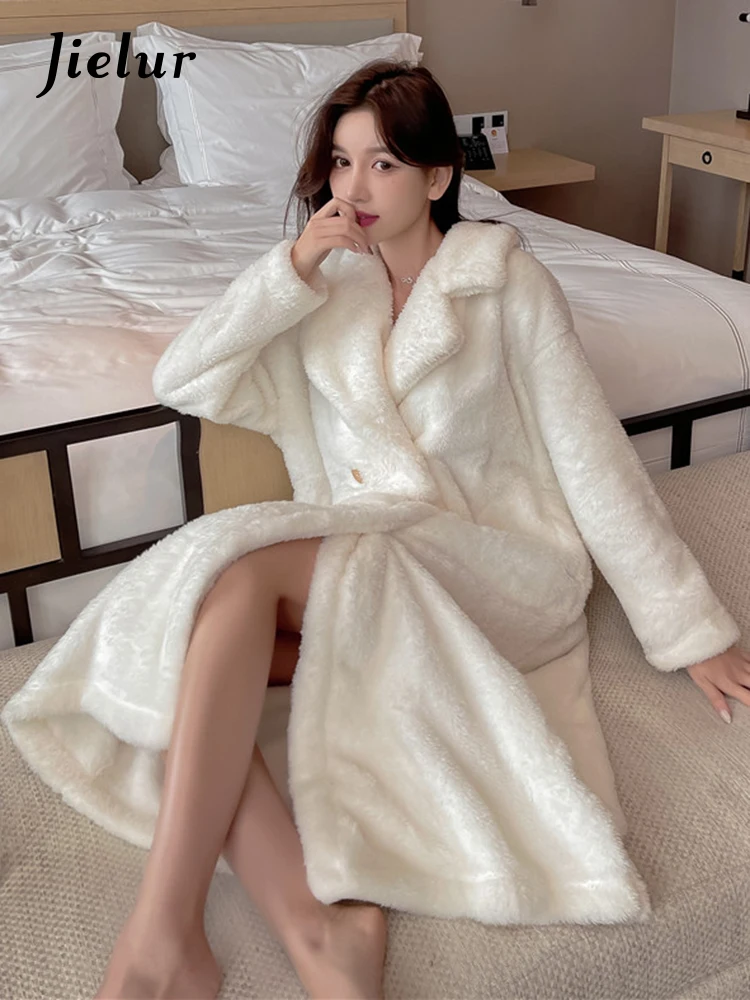 Jielur Coral Velvet Robe Women New Thickened Warm Lovely Solid Color Pajamas Autumn Winter White Bathrobe Woman Home Clothes