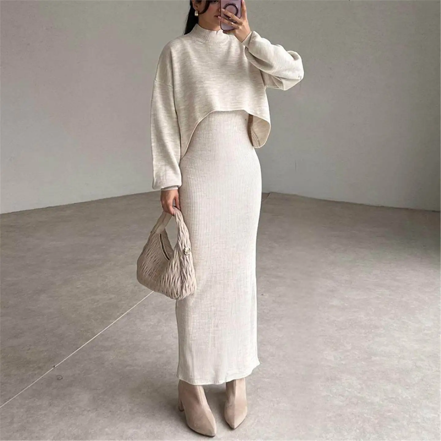 

Spring 2025 Fashion High Neck Short Sleeve Tight Fit Dress And Sweater Set Women's Commute Style Medium Thickness Pure Color