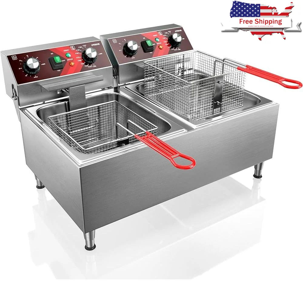 Professional Stainless Steel Deep Fryer Electric 3600W Dual Tank 10L Timer Easy Clean with 2 Baskets