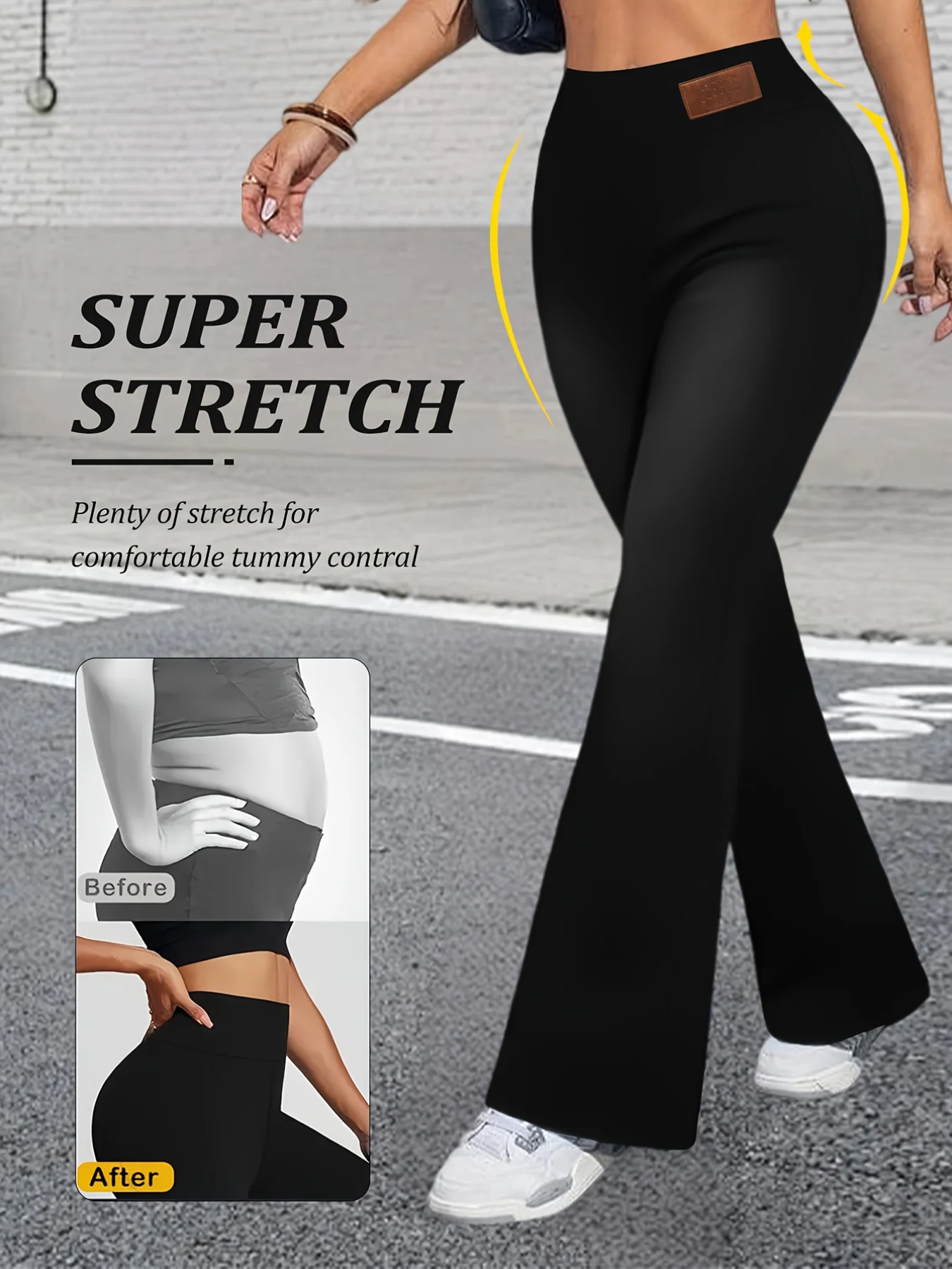 순수한 검정색 여성용 벨바텀 팬츠, 하이웨이스트 탄력 슬림핏, 홈 레저, 스포츠, 요가에 적합