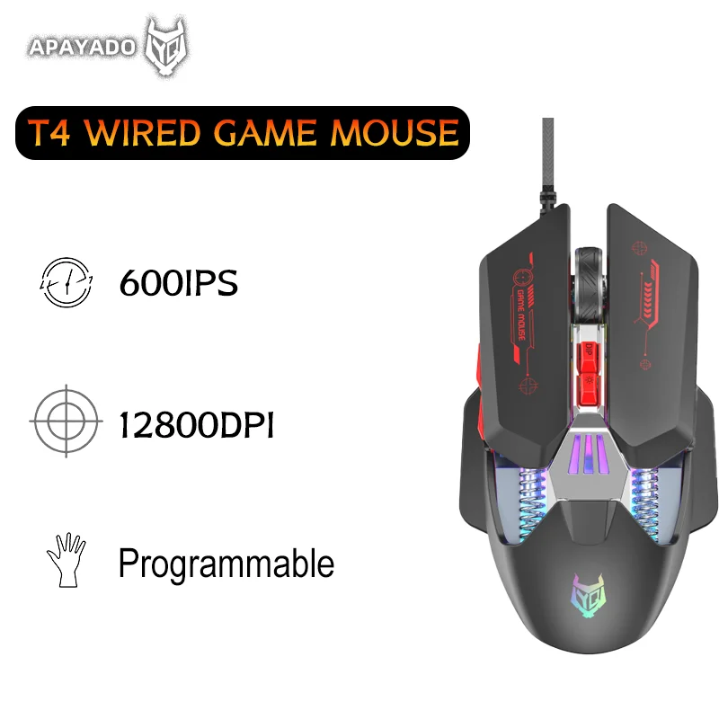 

APAYADO T4 Wired Gaming Mouse RGB Lighting 12800 DPI 1000Hz Polling Programmable Buttons Macro Support Ergonomic Design