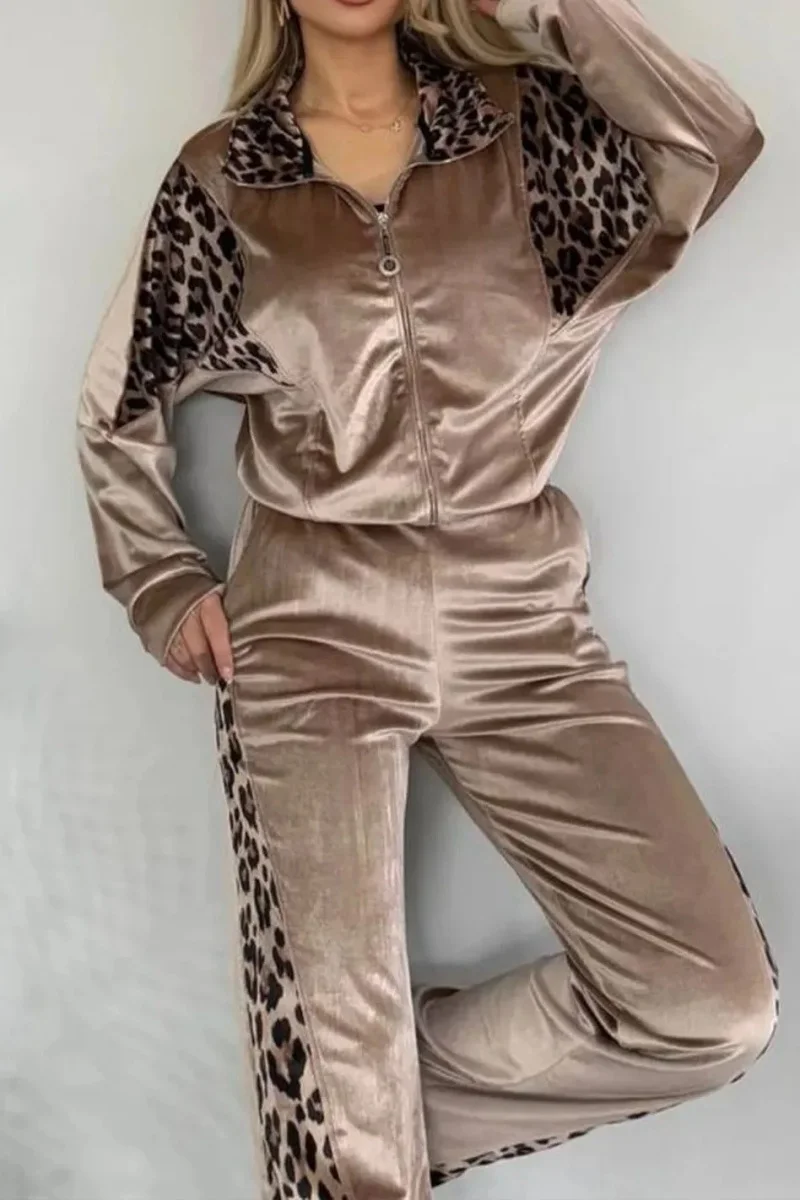 

Streetwear Leopard Patchwork 2 Piece Sets Women Outfit Spring Clothing Women Long Sleeves Zip Top and Pant Sets Casual Tracksuit
