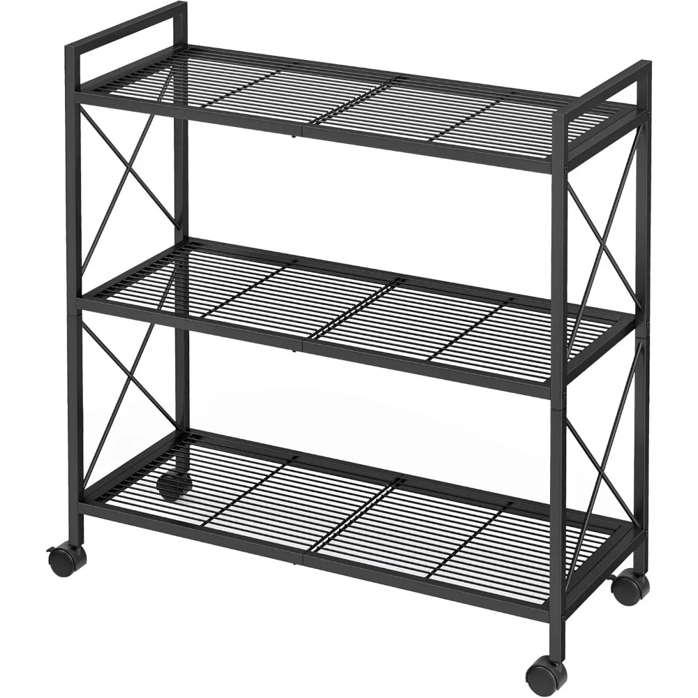 

3-Tier Metal Storage Rack with Wheels, Mesh Shelves, X Frame, 31.5-Inch Wide for Entryway Kitchen Living Room Bathroom Black