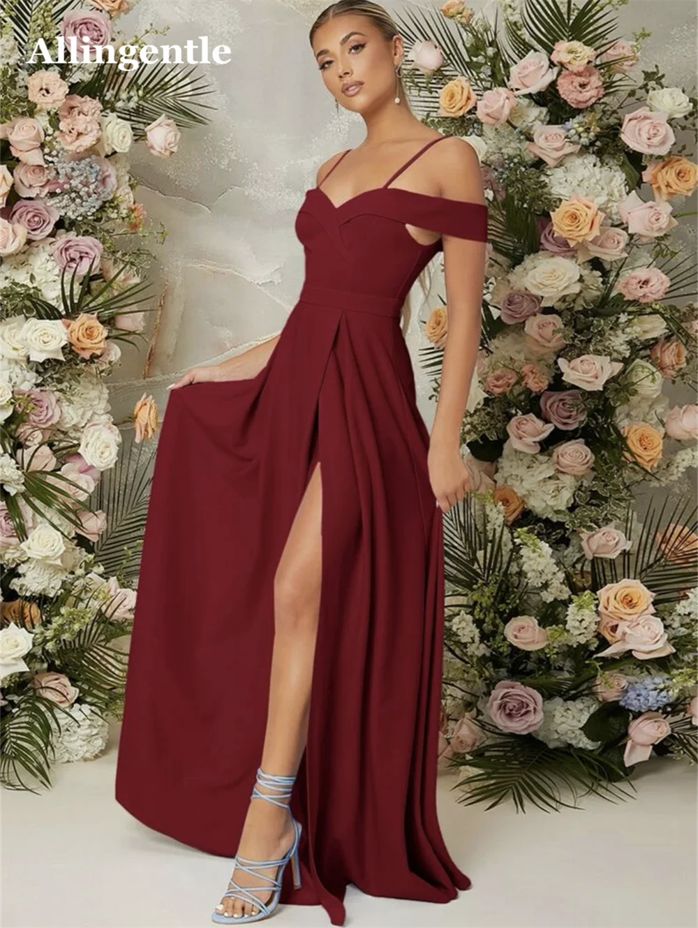Allingentle Off Shoulder Burnt Orange Evening Dress 2024 Spaghetti-Straps Elegant A-Line Satin Floor Length плаття на випускний