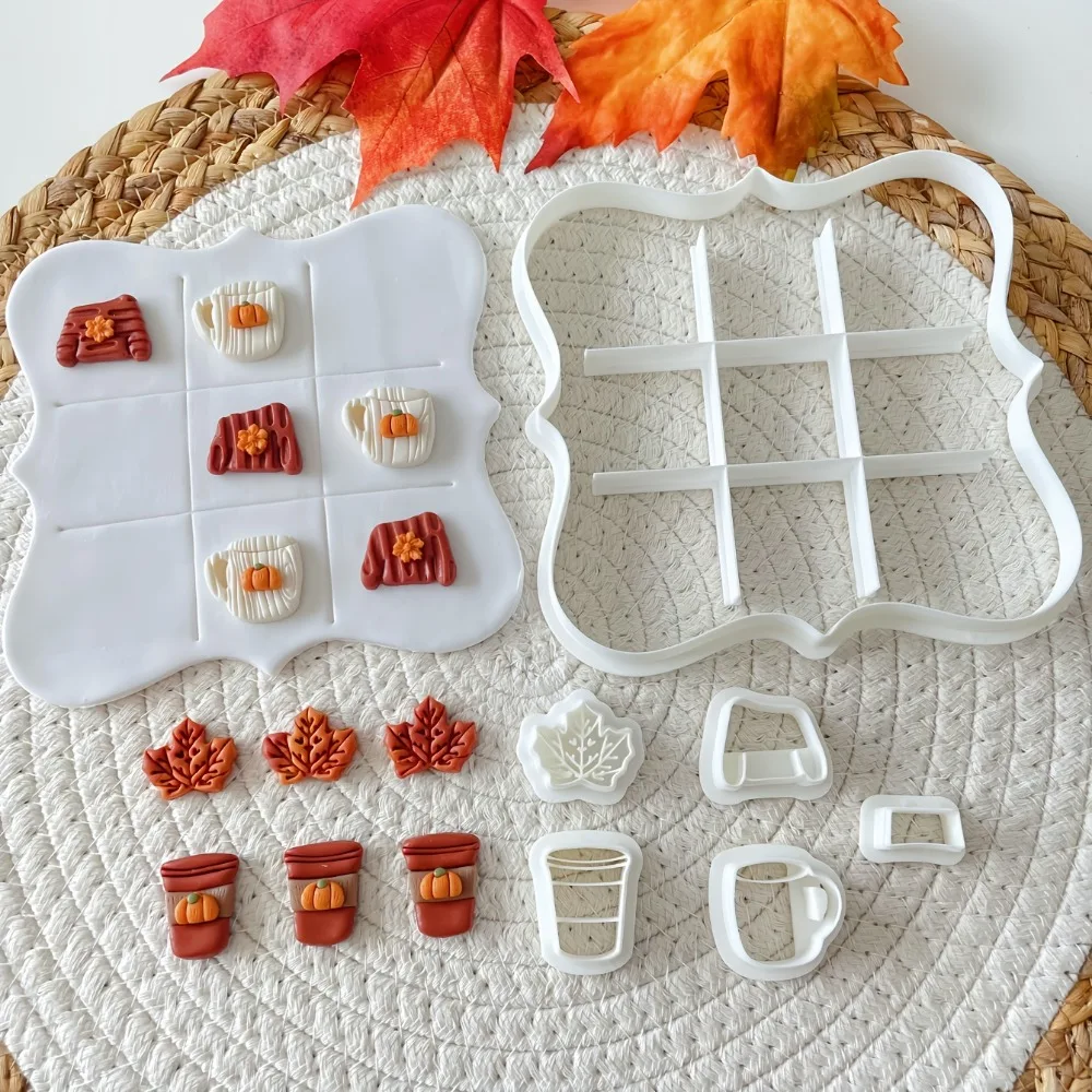 7Pcs Autumn Tic-Tac-Toe Cookie Cutter Set Fall Mini Cookie Mold with Sweater Cup Maple Leaf for Baking Parties & Kids Activities
