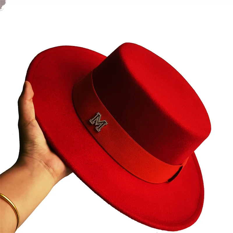 2026 NEW Fedora Diamond Letters Fedora Flat Top Red Felt Hat Men's Jazz Flat Church Hat Women's Hat шляпа женская