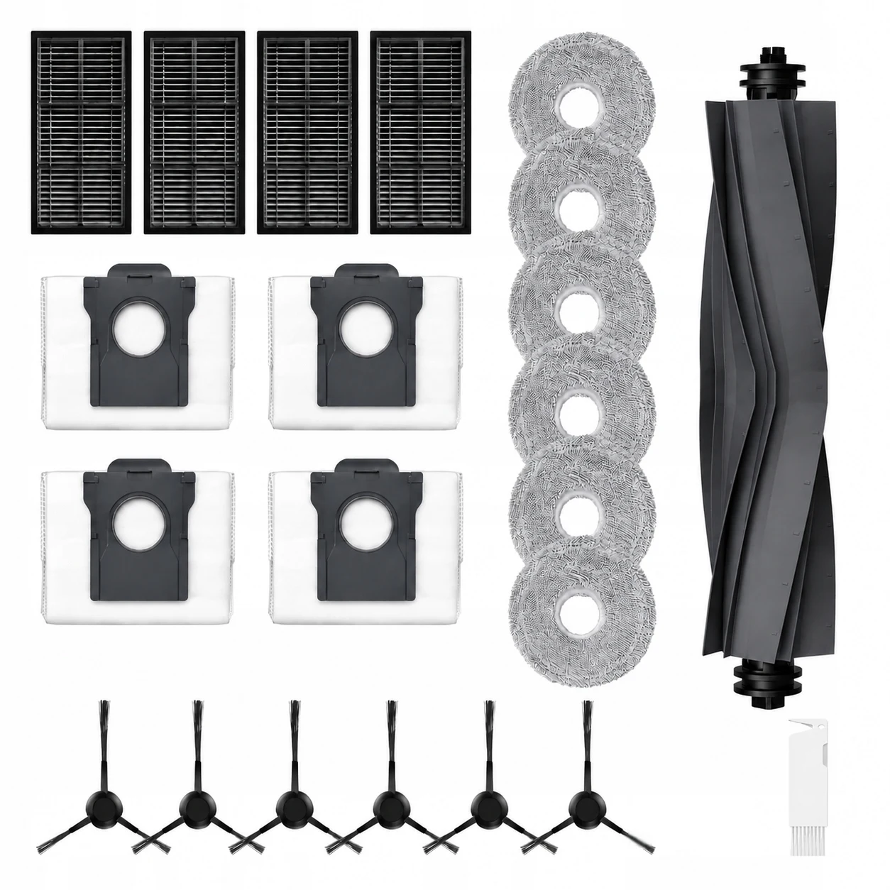 Zestaw części zamiennych do robota sprzątającego Dreame L10s Ultra Gen2 L10s Pro Heat X30 MOVA E30 P10: szczotka główna, szczotki boczne, filtr HEPA, nakładki do mopa, worki na kurz, akcesoria.