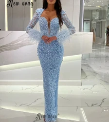 Baby Blue Embroidery Lace Appliqued Elegant Prom Dresses Luxury Feather Wedding Evening Night Dress Birthday Party Wear Custom