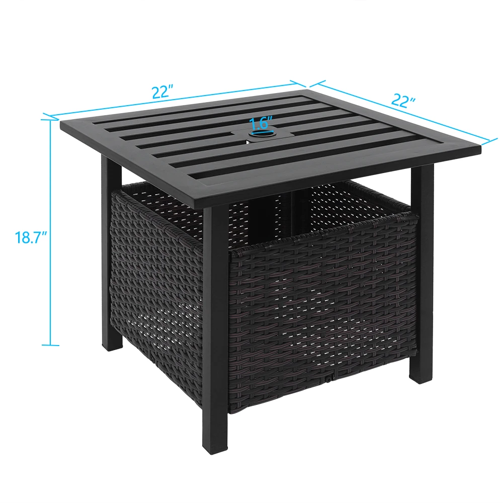 Outdoor Garden Terrace Patio Table Wrought Iron With Umbrella Hole Brown Gradient Rattan Black Panel Rattan Side Table[US-Stock]