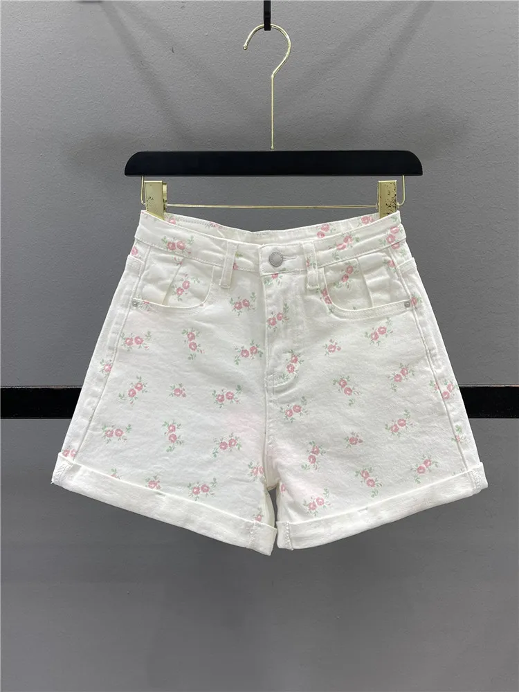 

Floral Print High Waist A-Line Short Jeans Women's Summer Slimming Cuffed Hem Wide Leg Trendy Hot Pants Cotton Stretch Denim