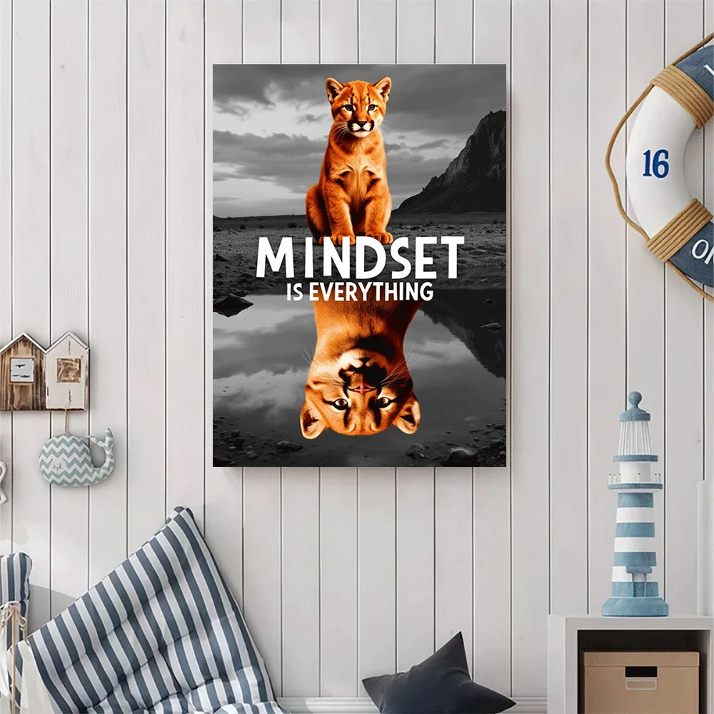 1pc frameless Canvas Painting 1PC-Unframed Canvas poster wall decoration  Mindset Is Everything Inspirational Mountain Lion Post