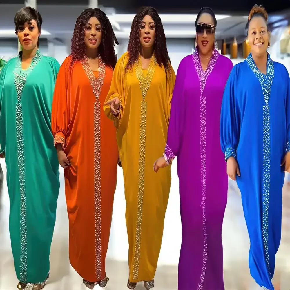 Новое поступление, африканская одежда, ткань из искусственного шелка, элегантное платье больших размеров, ткань из искусственного шелка, африканские платья со стразами и бусами