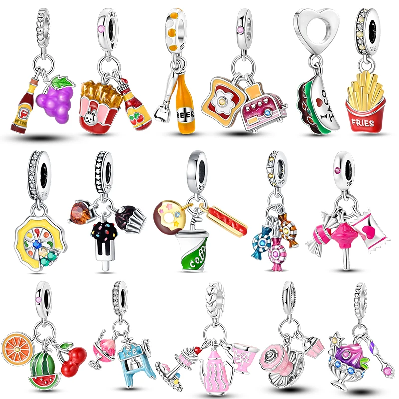 Food Hamburger Charms Fit Original Bracelets 925 Silver Zircon Cake French Fries Bead Coffee Cup Charm DIY Jewelry