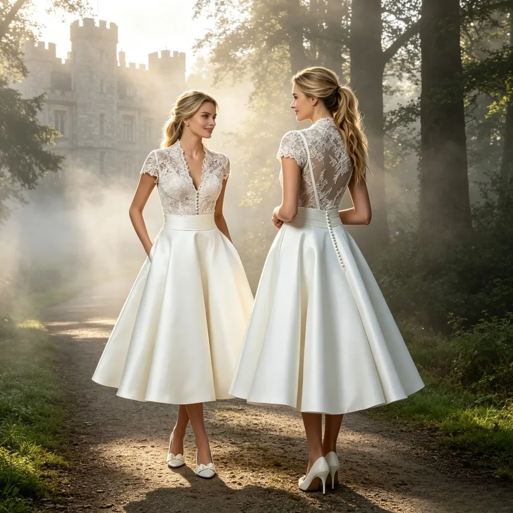 Customized Elegant Princess A-line Satin Tea Break Long Wedding Dress 2026 Popular Short Sleeves V-neck Lace Decal Bridal Gown
