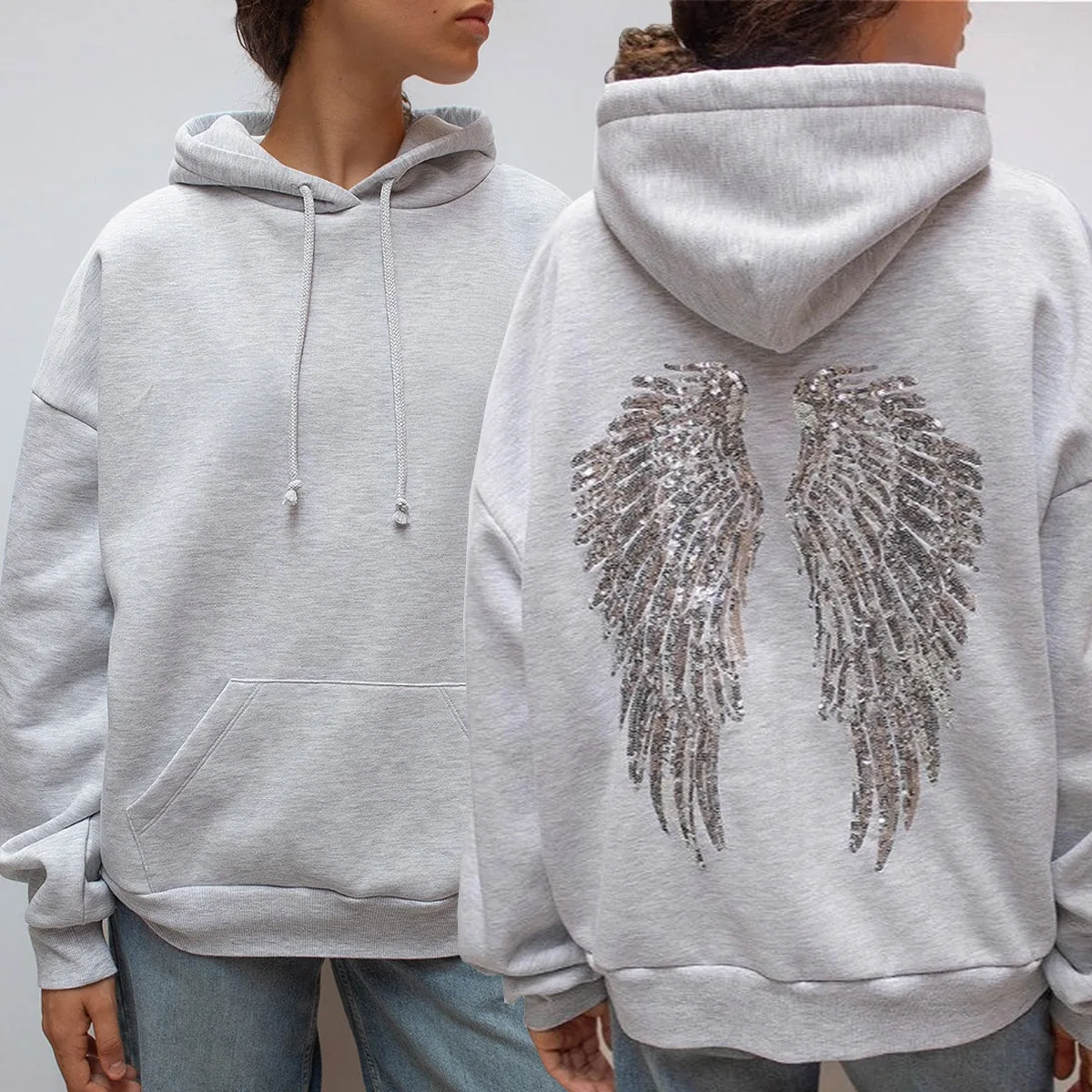 Women Streetwear 2Pcs Set, Grey Oversized Hoodie+Pants, Sequins Angel Wings Embroidery, Y2K Casual Sweat Suit