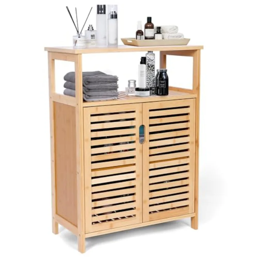 

Bamboo Storage Cabinet with Doors Floor Freestanding Cabinet with Shelves for Bathroom Kitchen Living Room