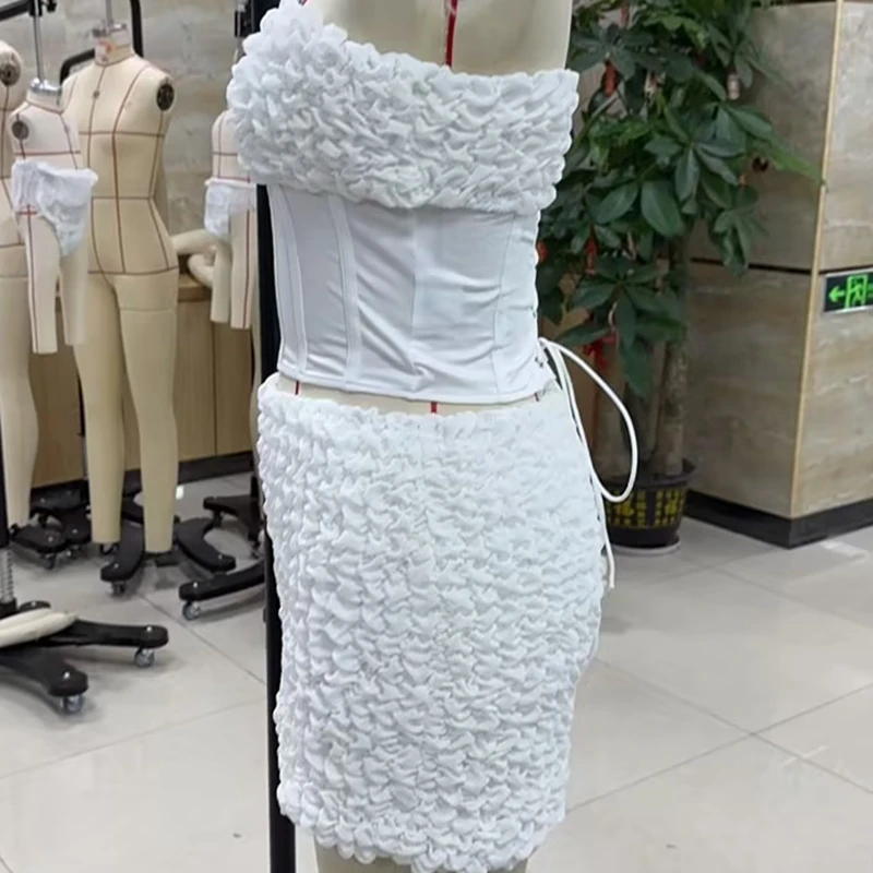 

Women's Strapless Summer 2Pcs Folds Patchwork Outfits Bubble Tube Tops + Solid Color Mini Bodycon Skirt Set Party Clothes