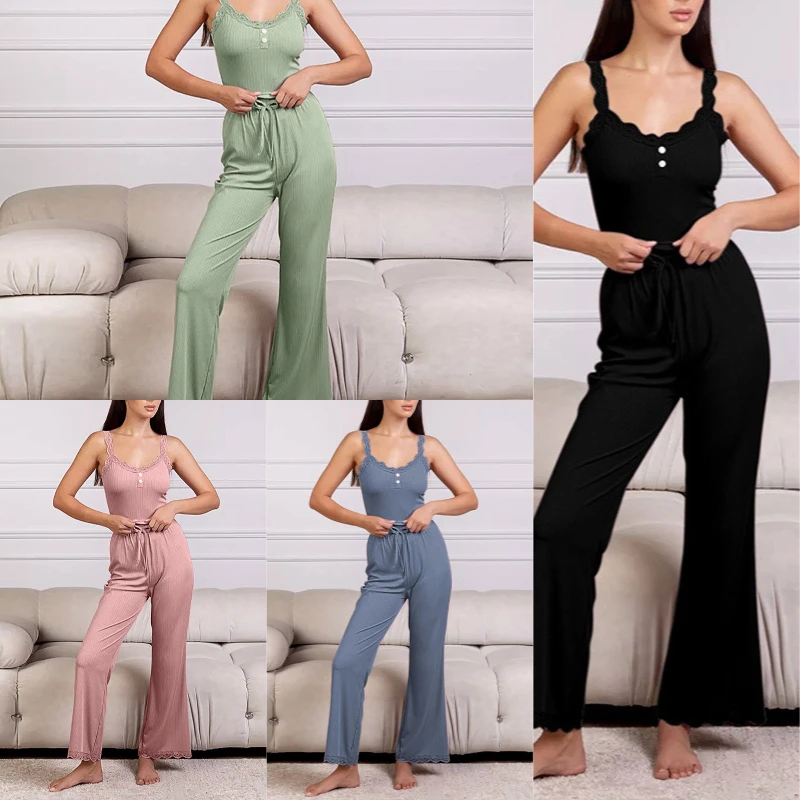 Women\'s Clothing Two-Piece Casual Pajamas Summer Lace Splicing Lace Suspenders Long Pants Sexy Comfortable Hot Girl Home Suit