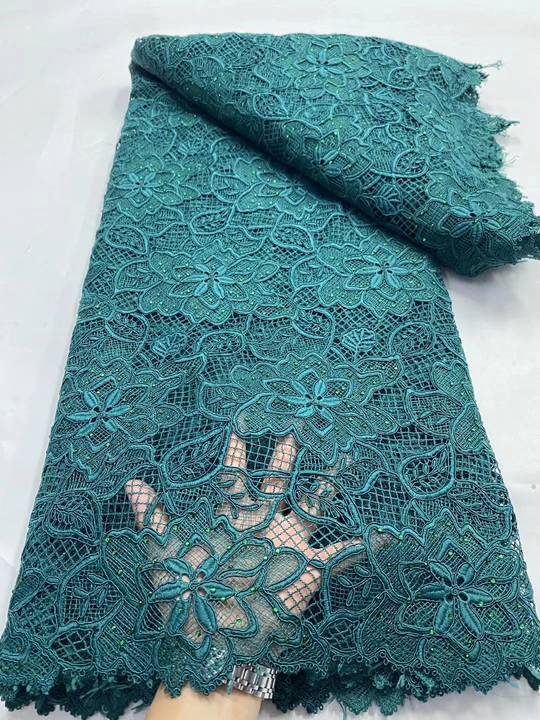 

LDPG78 Teal green!Beautiful African cord lace fabric with stones,high class embroidered guipure lace for party/wedding dress