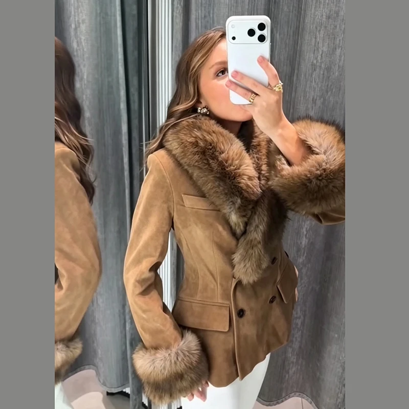 Faux Suede Coat Women Faux Fur Lapel Cuffs Double Breasted Slim Fit Fitted Waist Outerwear Vintage Casual Ladies Warm Jacket