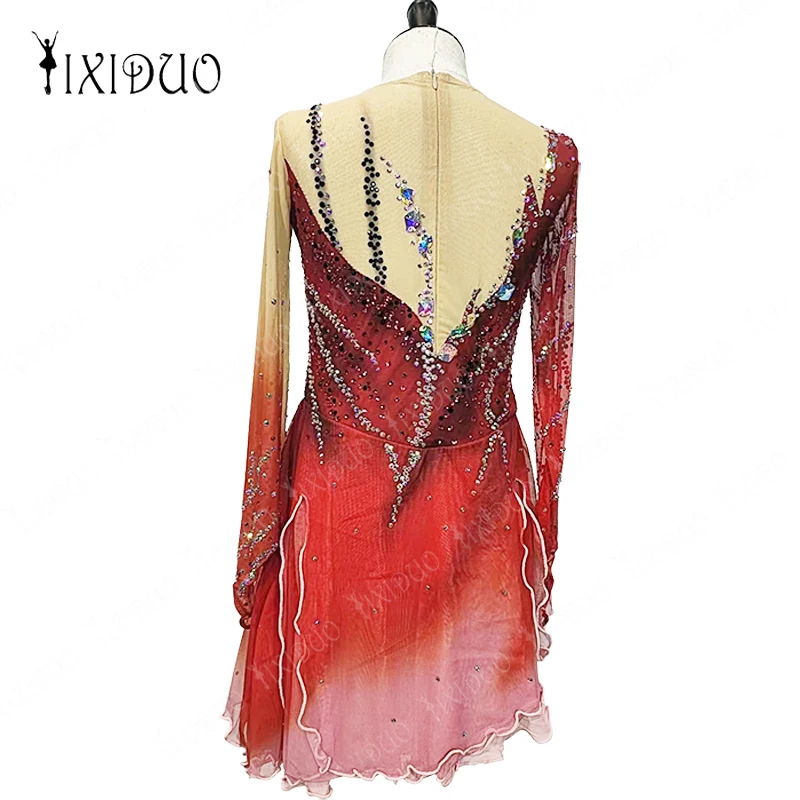 Customization 2024 New Women Figure Skating Dress Artistic Gymnastics Red Bright Rhine-drill Net Long Sleeve for Child Girl Skir