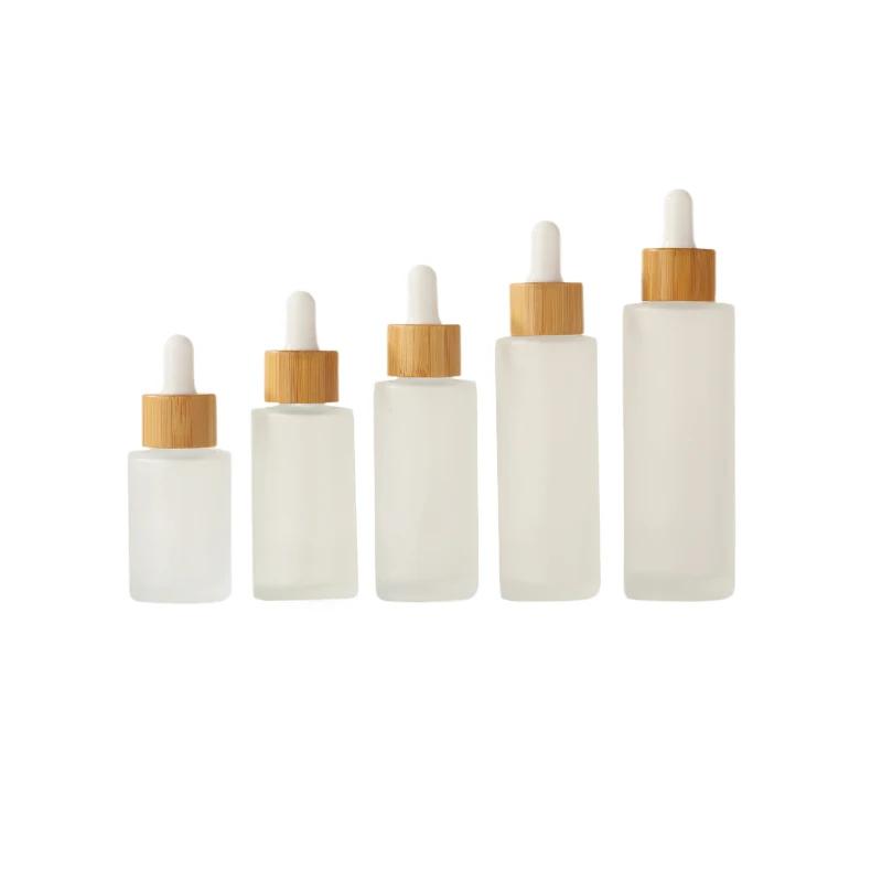 30ml 50ml 60ml 80ml Flat Shoulder Frosted Glass Serum Dropper Bottle Bamboo Top Skincare Face Serum Glass Dropper Bottle