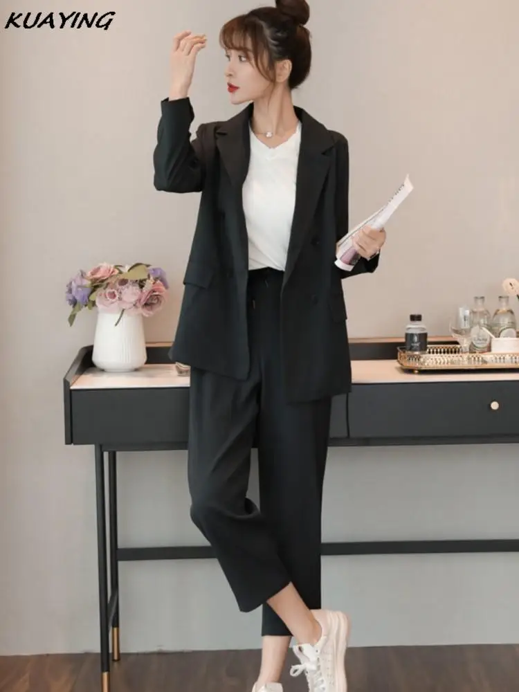 Women Elegant Blazer Slim Pencil Pantsuits Autumn Fashion Ankle-Length Solid Female Bussiness Work Clothes Two Piece Suit