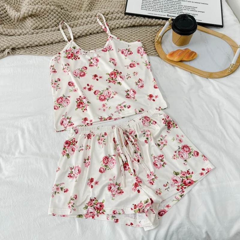 4-teiliges Sommer-Set für Damen: Atmungsaktives, bedrucktes ärmelloses Top und Shorts, hochwertige, ultradünne Freizeitkleidung, Damen-Schlafanzug – Detail 26