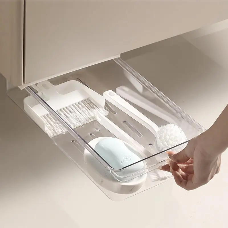 Bathroom Cabinet Hidden Slide out Storage Box under Sink Drawer Home Table Bottom No Drilling Shelf Plastic Organizer Box