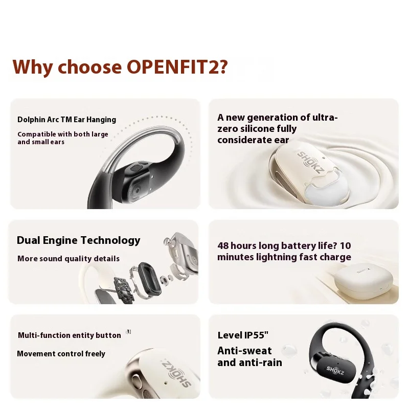 SHOKZ OpenFit 2 T920 سماعة لاسلكية تعمل بالبلوتوث سماعات عمر البطارية الطويل سماعة AI الحد من الضوضاء سماعات رياضية مخصصة