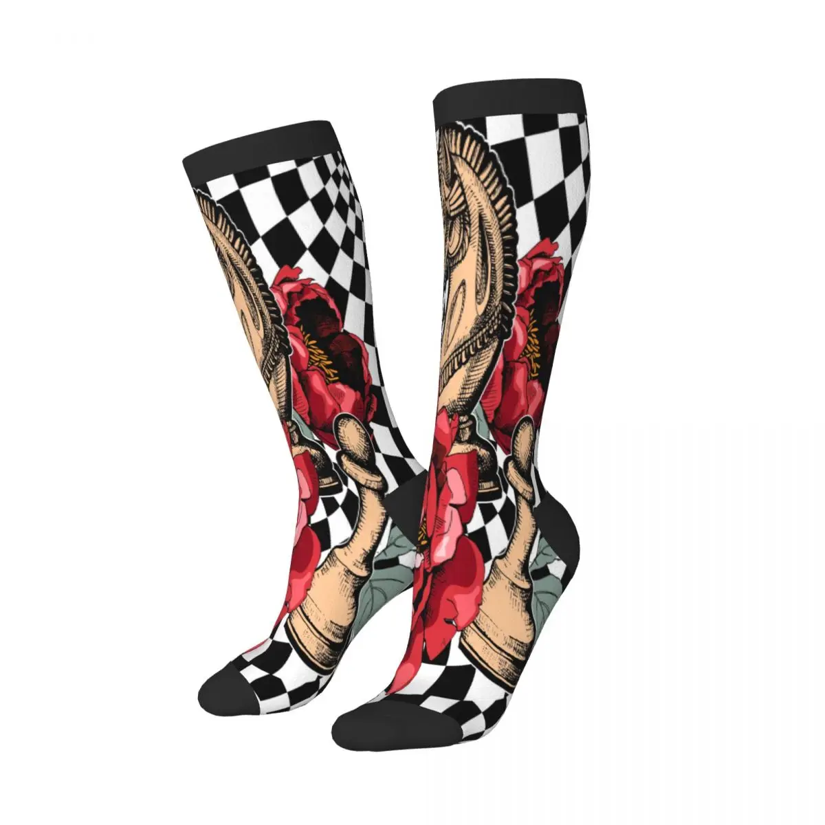 Stockings Funny Autumn Casual Warm Socks Red Peony With The Knight Chess Figure On Chessboard Soft Winter Knee High Socks