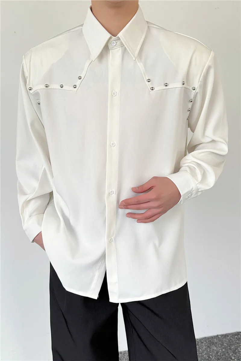 Avant Garde Studded Chest Shirt Unique Bold Streetwear Designer Inspired Rivet Patchwork Shirt - Relaxed Fit Long Sleeve Top