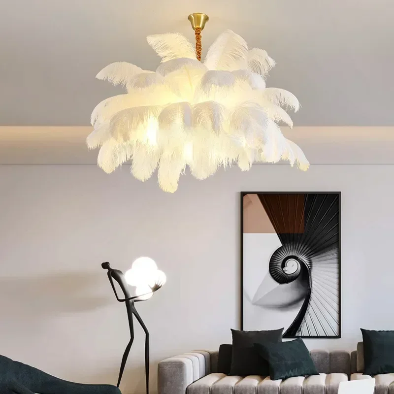 Nowoczesny żyrandol z piór Home Decor lampa sufitowa wisiorek LED światło Nordic Lustre żyrandole salon wisząca lampa sufitowa