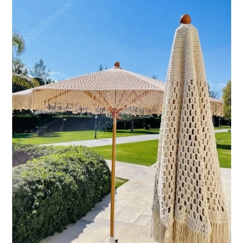Macrame Woven Patio Umbrella with Fringe Tassels, Boho Style Outdoor Umbrella, Beige Tassel Umbrella for Garden & Beach
