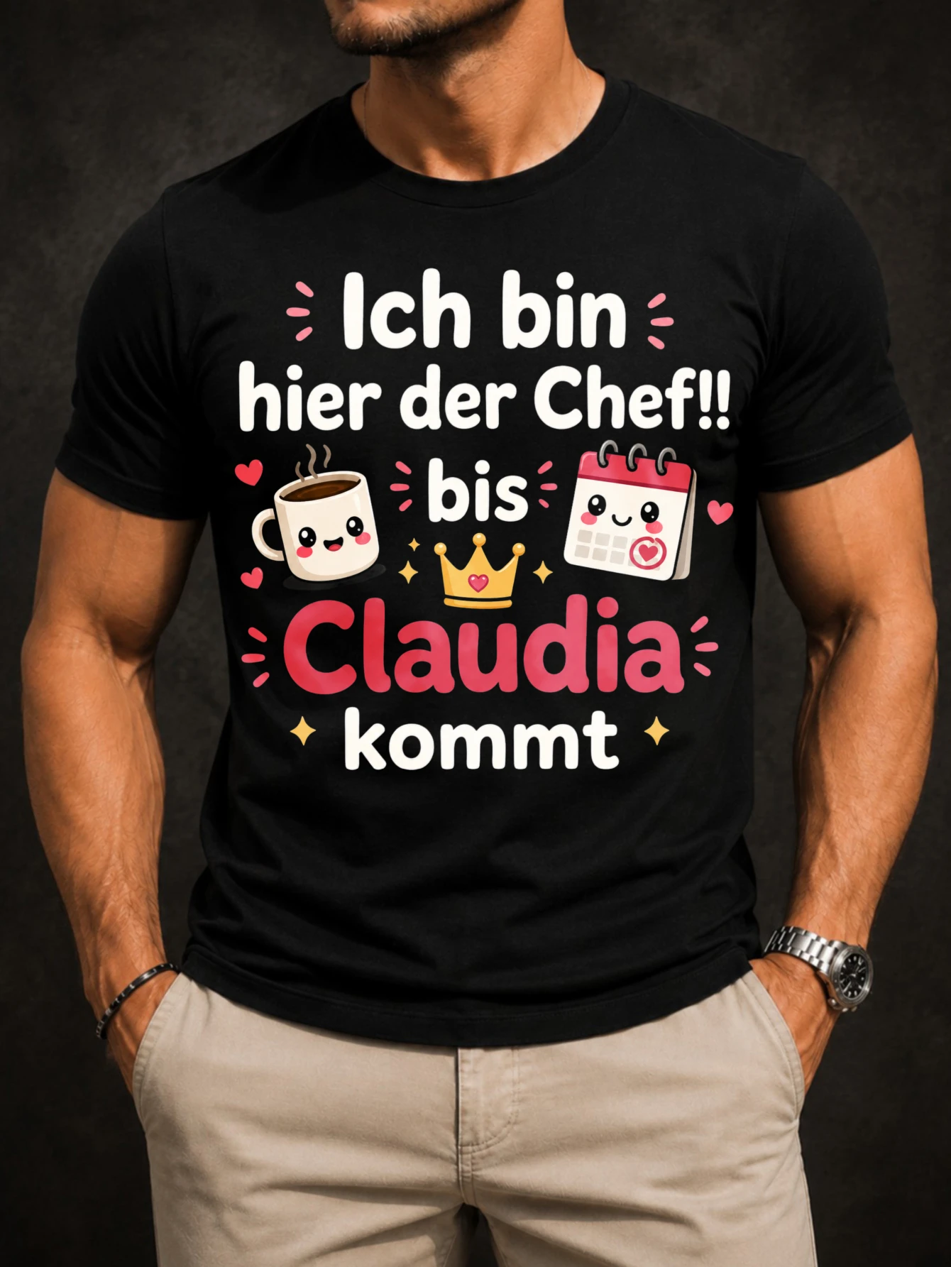 Ich Bin Hier Der Chef Bis Claudia Kommt Graphic bold stacked   red text with crown symbol statet  Unisex All T-Shirt