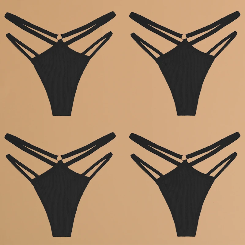FINETOO 4 Stück Baumwolle Doppel Dünne Gürtel Unterwäsche für Frauen Sexy Niedrige Taille Gestreifte Tangas Damen Soild Höschen Atmungsaktive Dessous