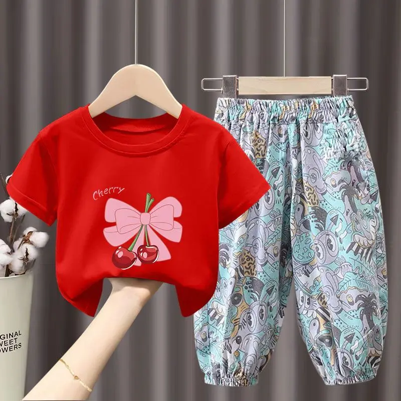 Children\'s Clothing Sets Cherry Print Bow Short Sleeve Top + Floral Printed Trousers Kids Clothes Boys Girls for 2 To 8 Years