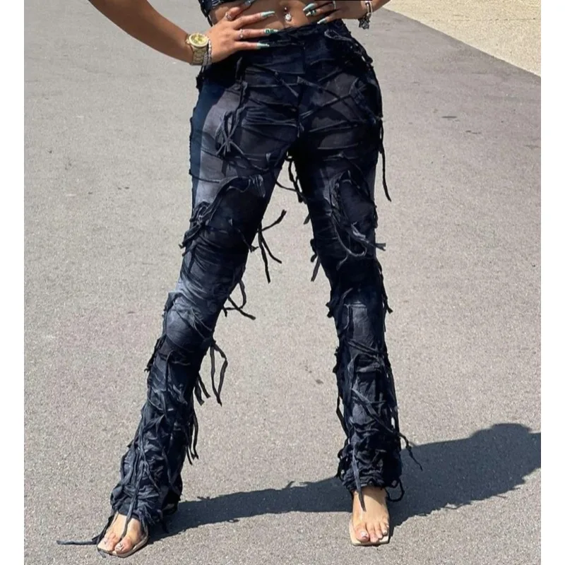 Gothic Distressed Flare Pants for Women Vintage Tie Dye Fringe Ripped Slim Fit Trousers Streetwear Punk Style Long Pants
