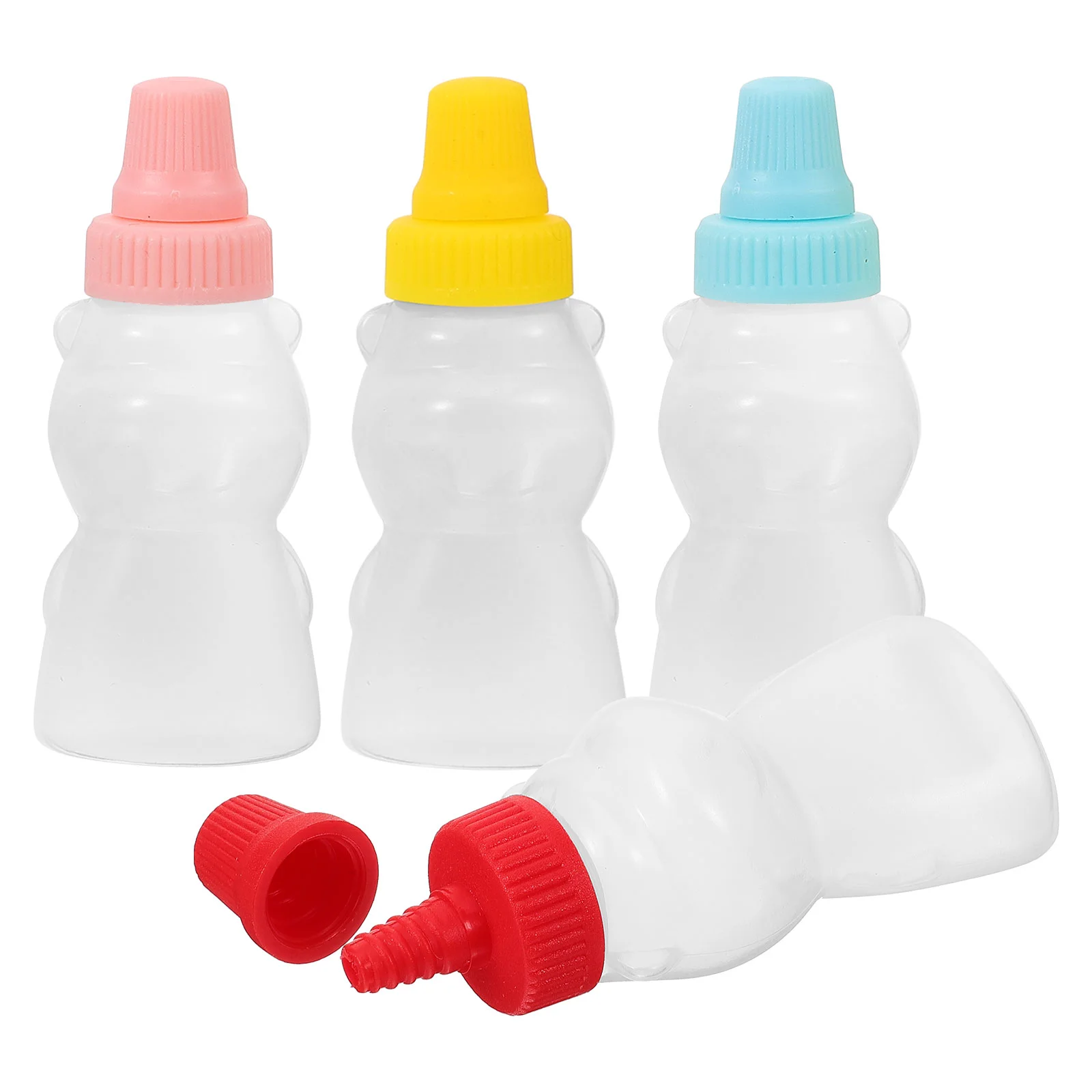 

4 Pcs Mini Bear Sauce Bottles Adorable Soy Condiment Containers Travel Tiny Squeeze Jars Red Yellow Caps Portable