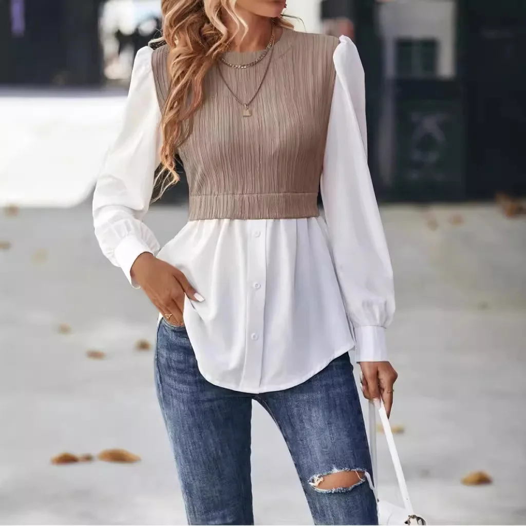 Elegant Women Blouse Long Sleeve Shirts Stripe Patchwork Fashionable Top Women's Shirt Camisas Mujeres Tendencias Blusa Feminino