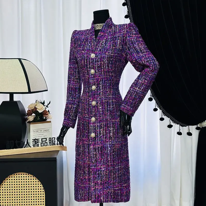 الفاخرة عالية الجودة الوقوف طوق تويد خندق معطف طويل الأكمام منتصف طول سترة واقية سليم صالح المرأة معطف واحدة الصدر #3