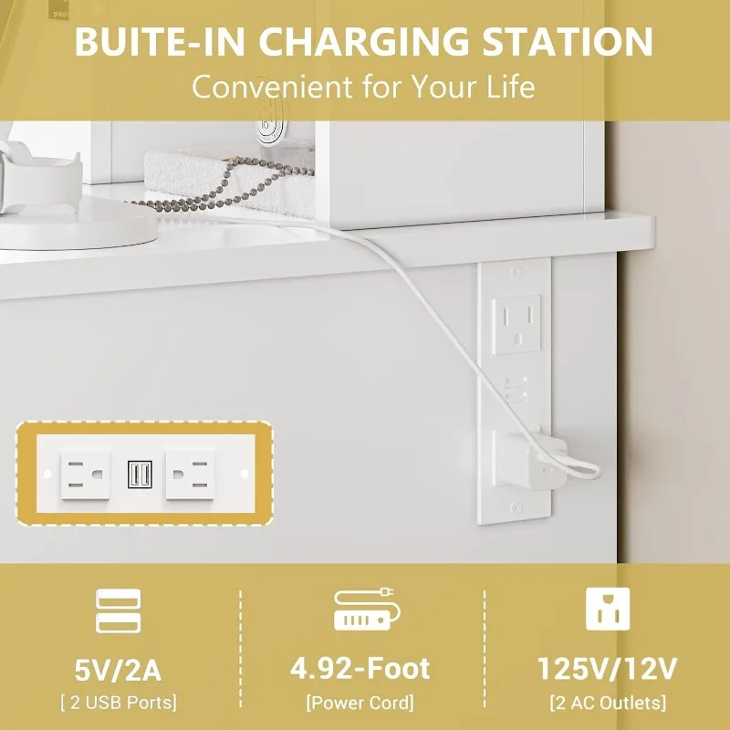 โต๊ะเครื่องแป้งพร้อมกระจกและไฟ ชุดโต๊ะเครื่องแป้งแต่งหน้าสีขาว 43 นิ้ว พร้อมลิ้นชักและเก้าอี้ 5 ลิ้นชัก ปลั๊กไฟ 3 โหมดแสงสว่าง