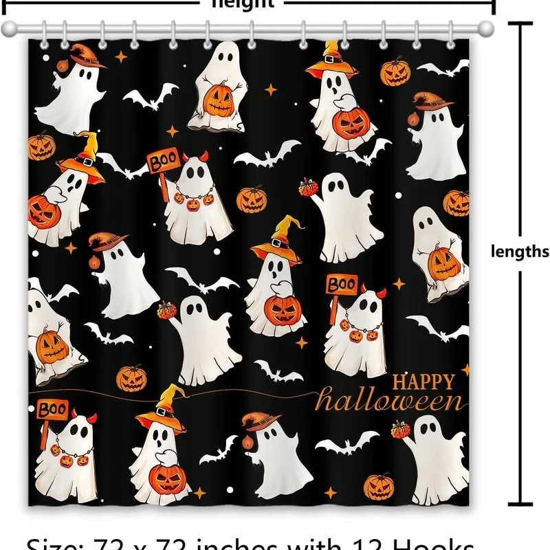 Cartoon Wizard Ghost Pumpkin Bat Star Halloween Shower Curtain Waterproof No Drilling Bathroom Decor Set with 12 Hooks