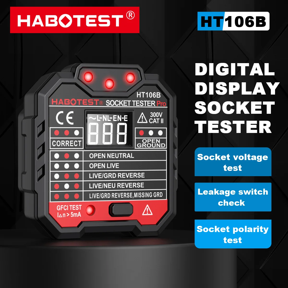 HABOTEST HT106 Digital Socket Tester Pro Voltage RCD Test Smart Detector EU US UK Plug Ground Zero Line Polarity Phase Check