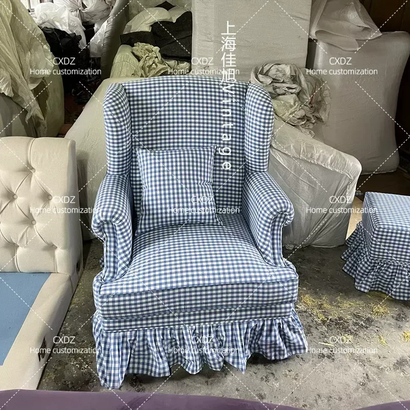 French Retro Pastoral Blue and White Plaid Single Sofa Cream High Back Skirt Armchair for Small Apartment Living Room